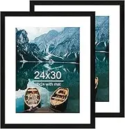 Hongkee 24x30 Frame Set of 2, Rustic Black Wood Style - Display 18x24 Picture Frame with Mat or 24 x 30 Poster without Mat, Wall Mounting Horizontal and Vertical