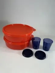 Tupperware 2 Big Wonders Bowls Coral Melon & 2 Shot Glasses Navy Blue With Lids