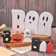 Halloween BOO Ghost Wooden Tiered Tray Decor, Spooky Halloween Tabletop Sign Ornaments, Rustic Ghost Festival Decoration for Home Kitchen Party Display
