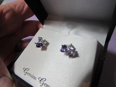 NEW/box Genuine Gemstone silvertone purple/lavender post pierced earrings $60