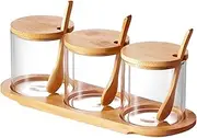 blackonvlm 6 PCS Condiment Jar with Bamboo Lid Glass Seasoning Container with Spoon Tray Reusable Condiment Canisters Washable Glass Seasoning Jars for Home Kitchen Salt Sugar Pepper Spice