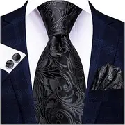 [VSOLS] Men's Blue Black Striped Tie 3.4" Tie Pocket Square Cufflinks Wedding Party Silk Tie Set (Color : SN-3346, Size : 59.06 * 3.35in)