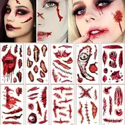 Halloween Temporary Tattoo Blood Wound Bleeding Scars Halloween Makeup, 3D Waterproof Face Decal Prank Zombie Party Temporary Tattoo Sticker Realistic Zombie Makeup Party Cosplay Decoration (Scar-A)
