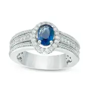 Oval Blue Sapphire and 0.33 CT. T.W. Natural Diamond Frame Rope Ring in Solid 14K White Gold (H/I1)