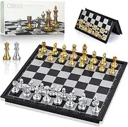 Magnetic Chess Set - 2 Extra Queens - Gold & Silver Folding Chess Board Game Set, Wood-Plastic Folding Board, Puzzle Board Game Beginner Chess Set for Kids and Adults