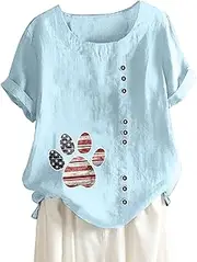 [Generic] Womens Compression T Shirt Loose Fit Casual Print Short Sleeve Plus Size Button Tuned Top Beaded Turtleneck