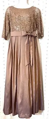 Jessica Howard Formal Wedding Dress 18 Sequin Bodice Satin Copper 3/4 Sleeve