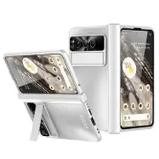 Compatible For Google Pixel Fold Kickstand Phone Case Hinge Protection Hard PC Cover with Tempered Glass Screen Film White