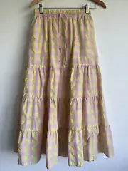 DECJUBA Size 8 Pink Green Check Gigham Elastic Waist Maxi Skirt New