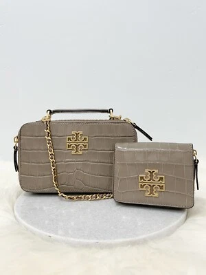 NWT Tory Burch Elk Britten Croc Chain Top Handle Case Crossbody Bag + Wallet