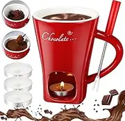 Honeydak Chocolate Fondue Mug with Fork and Candle Sweet Ceramic Personal Chocolate Melting Cup Chocolate Fondue Mug Ideal Gifts for Birthday Date Night Birthday Wedding Gifts(Red)