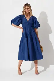 Amalie Midi Dress Half Sleeve in Cobalt Blue Cotton 10