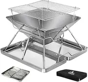 Moyasu Folding Charcoal BBQ Grill, 2-IN-1 Portable Camping Barbecue Grill Fire Pit, Stainless Steel Foldable Collapsible BBQ Grill Wood Burning Charcoal with Carrying Bag(38.5cm x 26.5cm x 39.5cm)