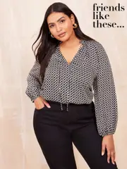 Friends Like These Black/White Long Sleeve Satin Tie Neck Blouse (AD7878) | $83