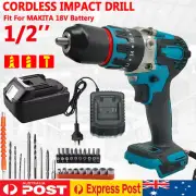 Cordless 1/2'' Impact Driver Hammer Drill Battery & Charger Bits Set Combo Kit