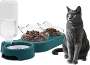 Triple Cat Bowls, 15° Tilt 3-in-1 Water Feeder With Automatic Bottle, Whisker Friendly Wet and Dry Elevated Feeding Dishes for Small Cats and Puppies (Navy Blue)