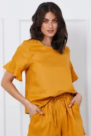 Yellow Crop Top Short Sleeve Relaxed Linen - Size 14, Women's Top
