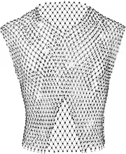 [GENEMEN] Rhinestone Mesh Top Men Fishnet Tank Top Sexy Cropped Shirt Vent Rave Sheer Vest