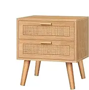 ALFORDSON Bedside Table with 2 Rattan Front Drawers, 45 x 40 x 51cm, Small Nightstand Cabinet with Boho Design, Wooden Organiser Storage Side Table for Compact Hallway, Bedroom and Living Room, Wood