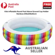 Kids Inflatable Round Pool Above Ground Cup Holder Rainbow 206x206x51cm new