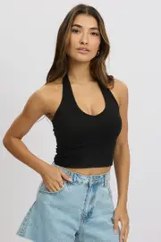 Black Halter Top Sleeveless Rib - Size 16XL, Women's Tank