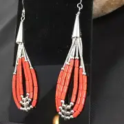 Red Coral 3 Strands Heishi Liquid Sterling Silver Dangle Earrings 1973