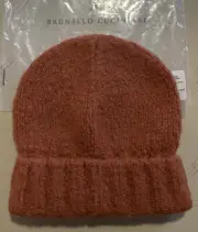 NWT Brunello Cucinelli Women Alpaca Wool-Blend Beanie Amber Orange Hat M Italy