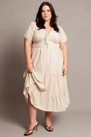 Beige Midi Dress Short Sleeve Linen Blend