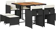 vidaXL 9-Piece Outdoor Bar Set - Black Poly Rattan Garden Dining Set with Acacia Tabletop and Comfort Cushions