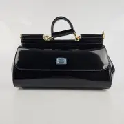 DOLCE&GABBANA Elongated Sicily Black Patent Leather Top Handle Bag New