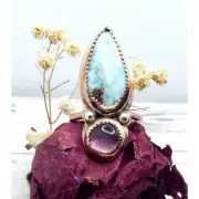 Amethyst and Larmiar Crystal Statement Ring Handmade Copper Jewelry Boho