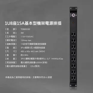 群加 PowerSync 1U8座15A/20A基本型機架電源排插/PDU/延長線/台灣製造/3M(TE8B0030)