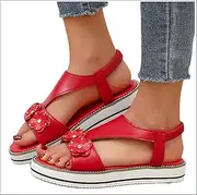 [XWCG] Women's Comfortable Wedge Sandals Ladies Comfortable Women Flat Sandals Orthopedic Platform Shoes Faux Leather with Ankle Strap Beach Shoes,Red,40