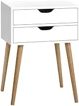 Kaveno Bedside Table Storage Nightstand Organiser Bed End Side Cabinet Small Narrow Desk for Bedroom, Living Room and Hallyway (White Long Legs 2 Drawers)