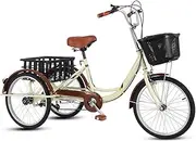 DEFGHIJ Adult Tricycle Rollover Adult Trike 20 Inch 3 Wheel Bike High Carbon Steel Frame Three Wheel Bikes Bicycles Cruise Bike with Shopping Basket(Beige)