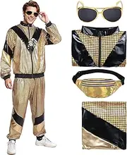 Matreeglam 80s 90s Tracksuit Costume Retro Disco Jacket Trousers Jogging Suit Fancy Dress Costumes with Bum Bag Gold Elvis Glasses for Halloween Theme Party Carnival, golden, M