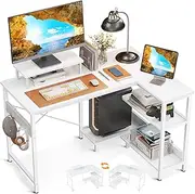 [ODK] L Shaped Computer Desk with Reversible Storage Shelves, 100 * 70 * 87.7cm, Corner Desk with Monitor Stand&Headphone Hook, Home Office Desk, Modern Simple Writing Table, White