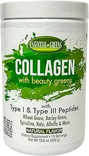 Collagen with Organic Beauty Greens with Type I & Type III Peptides. Natural Flavors. Dietary Supplement. Wheat Grass, Barley, Spiraling, Kale, Alfalfa & More. 10.6 oz