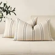 Hckot Throw Pillow Covers 12x20 Set of 2 Striped Pillow Covers Textured Linen Decorative Pillows Lumbar Cushion Covers for Sofa Couch Bed Living Room Farmhouse Decor, Grey