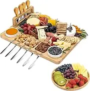 Kicinn Bamboo Serving Platter - 35 x 28 cm Cheese Plate Set with 2 Dip Bowls, 4 Cheese Knives, 6 Forks & Mini Round Serving Platter - Sturdy & Sustainable, Ideal for Cheese & Snacks