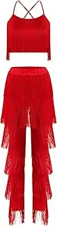 [Hedmy] Womens Salsa Latin Dance Outfits Tassel Crop Top With Trousers Tango Chacha Ballroom Dance Costume