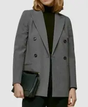 $645 Whistles Women Gray Aliza Double-Breasted Check-Print Jacket Blazer Size 14