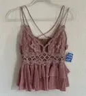 NWT Free People Mauve Adella Cami Flowy Ruffled Lace Festival Boho Whimsy Top S