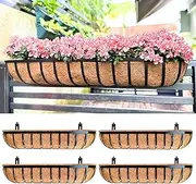 LaLaGreen Railing Planters Box (36", 4 Pack) Black Metal Rectangular Window Flower Box with Coco Liner, Extra Large Wall Hanging Planter for Outdoor Plants Deck Rail Fence Bracket Balcony Porch Decor