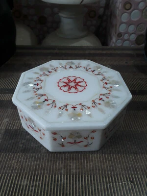 10" white Marble trinket Jewelry box Inlay pietra dura Malachite room decor h49