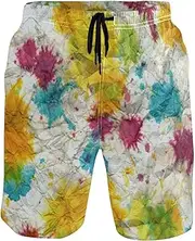 [GuoChe] Men's Swim Trunks Spots Colorful Crumpled Paper Quick Dry Swimwear Board Shorts Mens Swim Trunk Pants with Mesh Lining
