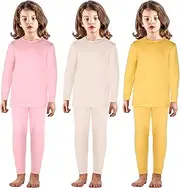 [Silkfly] 3 Set Kid Thermal Underwear Set Soft Fleece Lined Boys and Girls Long Winter Johns Base Layer Thermal Top and Bottom