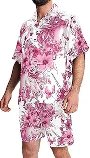 [FNETJXF] Men's Hawaiian Short Set, Men's 2 Pieces Shirt Sets, Men Beach Outfits Sets, Flower Pink Animal Unicorn, Mens Matching Shirt and Shorts Set