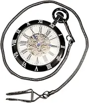 [Kirposh] Steampunk Pocket Watch Bronze Case Men Skeleton Automatic Mechanical Watches Roman Number with Fob Pendant