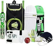CW Bullet Kit Green Right Hand Cricket Kit Set with Kashmir Willow Bat & Leather Ball Junior Youth & Boys Backpack Complete Kit Right & Left